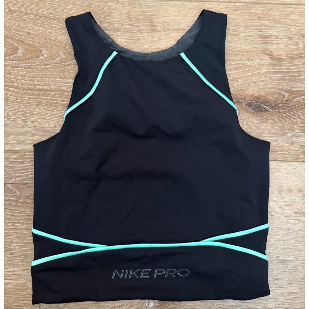 Nike Pro Dri-FIT Cropped Tank Top Womens XS Black Teal Trim DQ6295-010